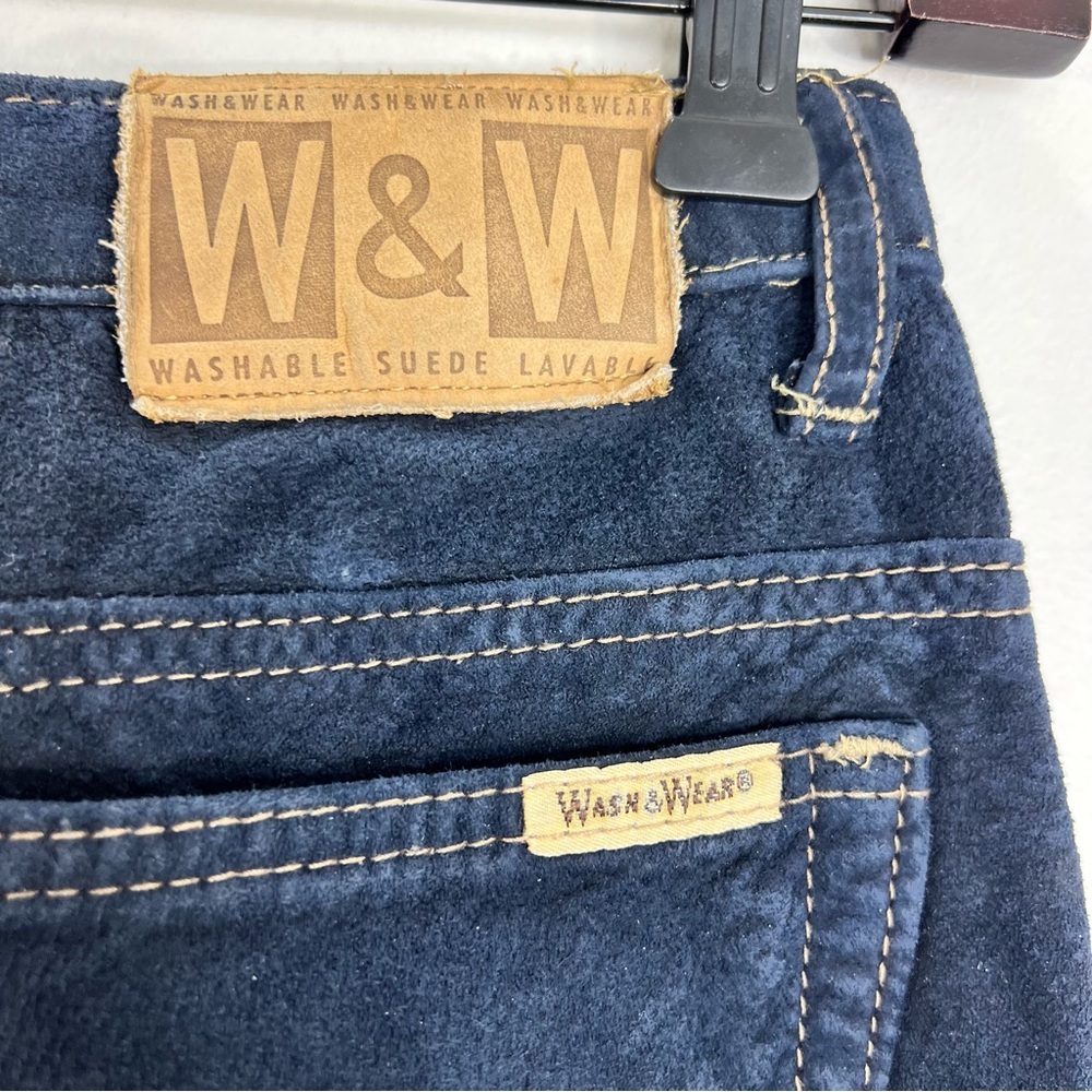 Vintage 80s 90s Wash & Wear genuine suede dark blue high rise slim fit pants 24 - Picture 12 of 15